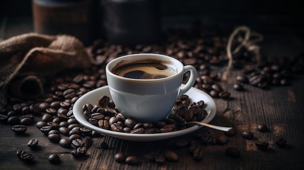 Une tasse de café avec un tas de grains de café sur la table