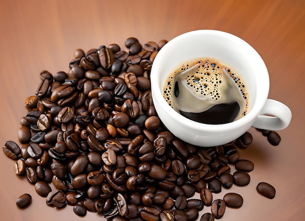 Tasse de café avec un tas de grains de café