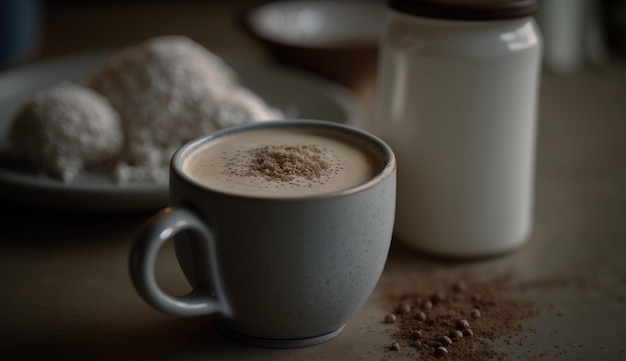 Une tasse de café avec un tas de sucre sur le côté.