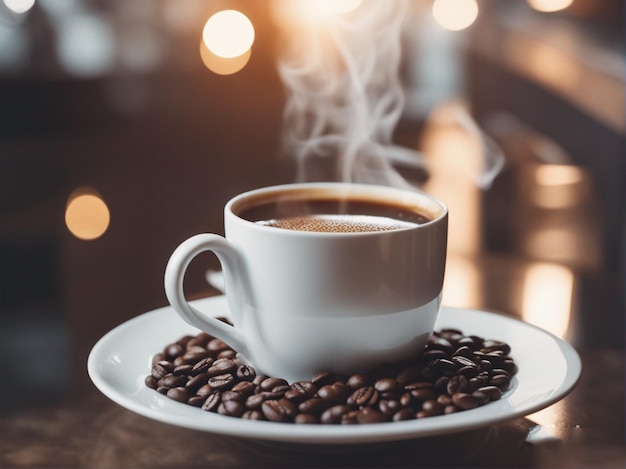 Une tasse de café avec une tasse de cafe sur une soucoupe.