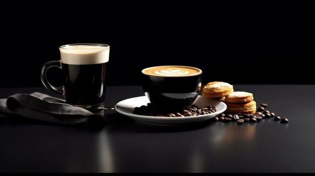 Une tasse de café et une tasse de café sur une table.