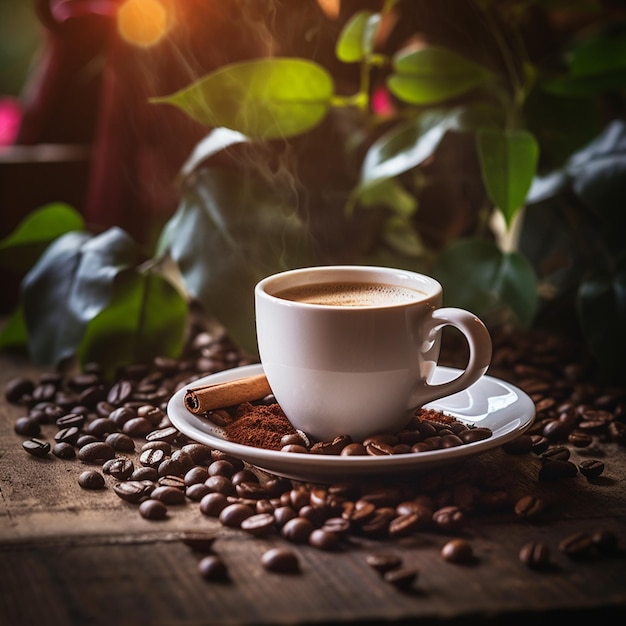 Une tasse de café avec une tasse de café sur une table