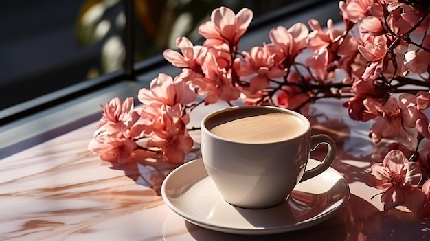 une tasse de café et une tasses de café sur une table