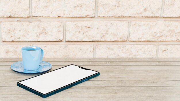 Une tasse de café et un téléphone portable bleu sur une table en bois et un mur de briques thème de conversation et de technologie