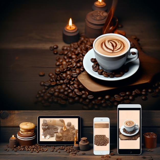 Photo une tasse de café et un téléphone sur une table avec des grains de café et des grains de café