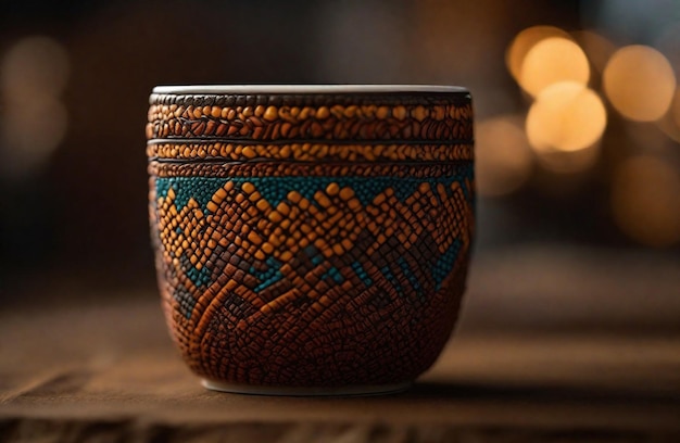 Photo tasse de café en terre cuite avec motif tribal africain produit de café biologique de commerce équitable