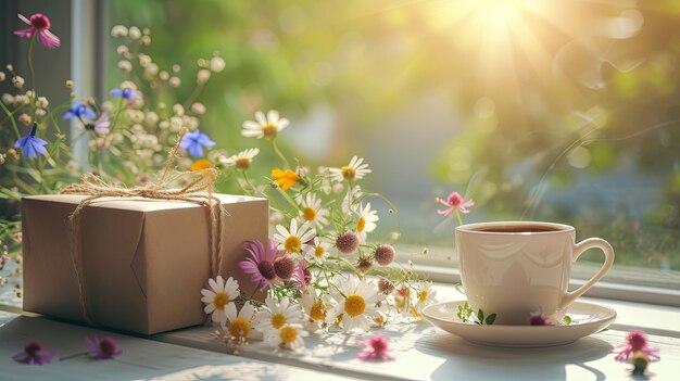 une tasse de café ou de thé avec une boîte à cadeaux et des fleurs sauvages sur le rebord de la fenêtre avec des rayons du soleil