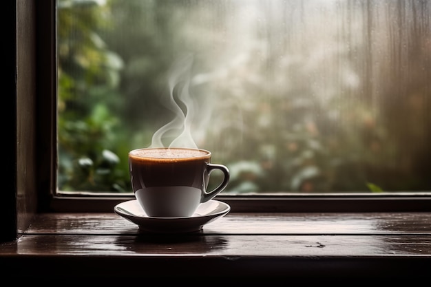 Une tasse de café ou de thé chaud sur le seuil de la fenêtre IA générative