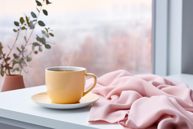 Une tasse de café avec un tissu sur une table en bois près de la fenêtre