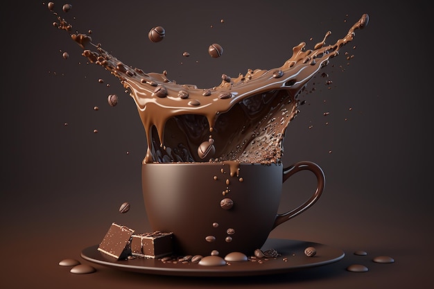 Une tasse de café avec une touche de chocolat sur le dessus et des grains de café tombant ai génératif