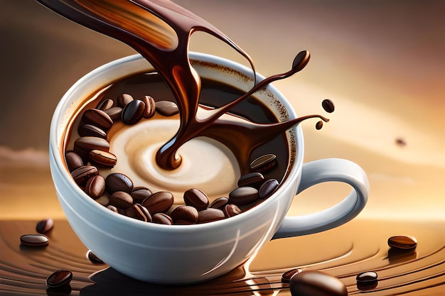 Une tasse de café avec une touche de grains de café