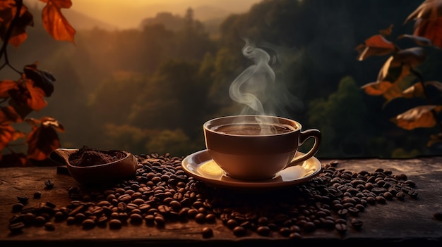 Une tasse de café traditionnelle à la vapeur en forme de cœur sur du bois rustique