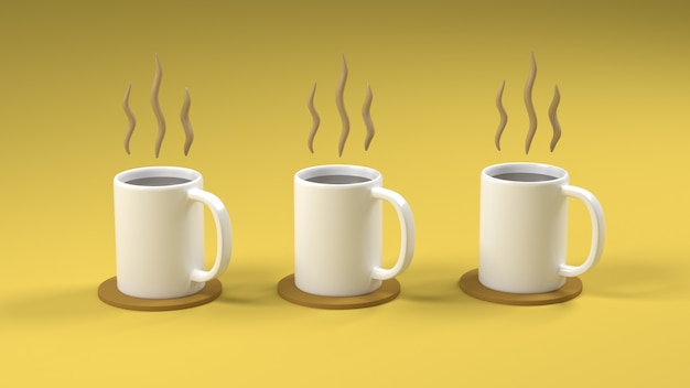 Tasse de café triple rendu 3D sur fond jaune