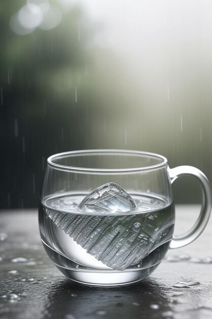 Une tasse de café à la vapeur sur le fond d'une fenêtre un jour de pluie