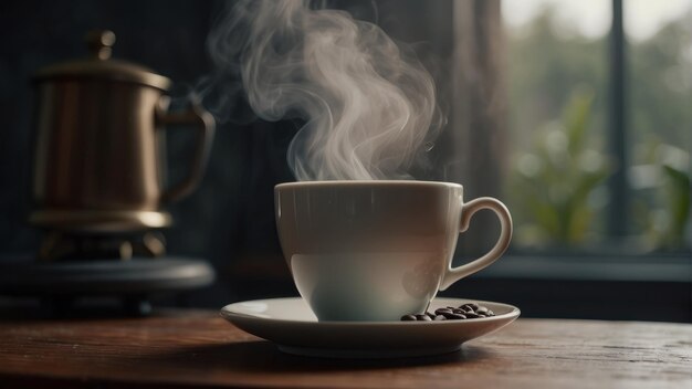 Une tasse de café à la vapeur avec des grains de café autour