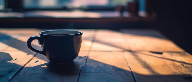Une tasse de café à la vapeur à la lumière du matin