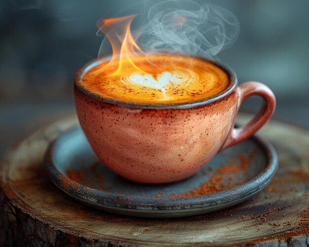 Photo une tasse de café à la vapeur avec de la mousse en forme de cœur