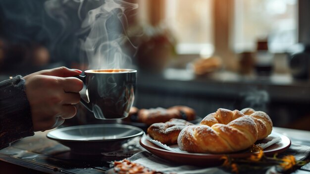 Une tasse de café à la vapeur avec des pâtisseries fraîches sur une table rustique un matin confortable