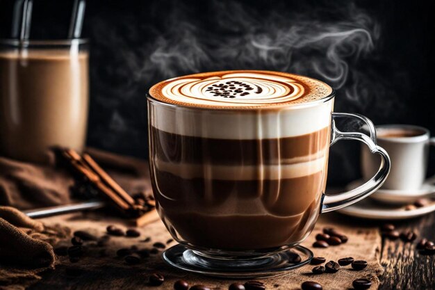 Photo une tasse de café avec de la vapeur qui en sort et une cuillère en arrière-plan