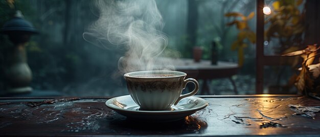 une tasse de café avec de la vapeur qui en sort.