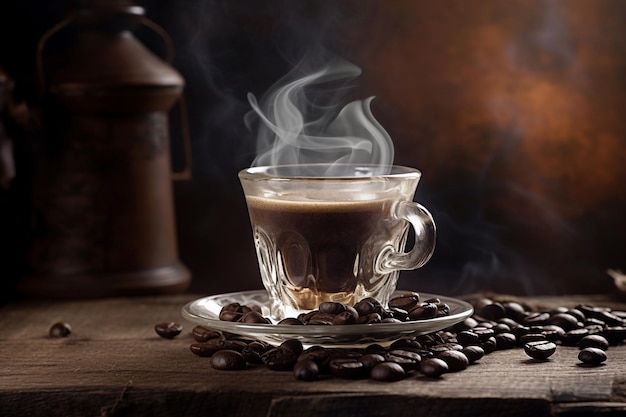 Une tasse de café avec de la vapeur s'élevant du haut.