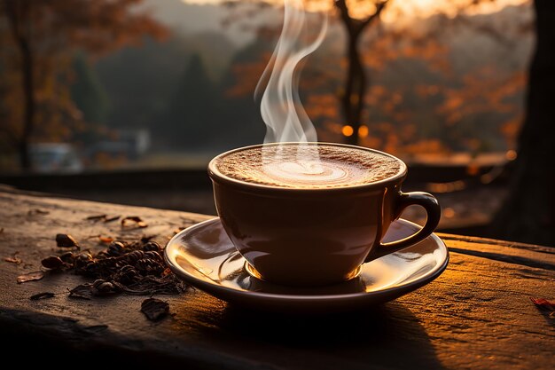 Photo une tasse de café à la vapeur sur une table en bois