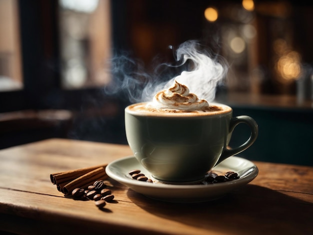 Une tasse de café à la vapeur avec des tourbillons de crème et un peu de cannelle