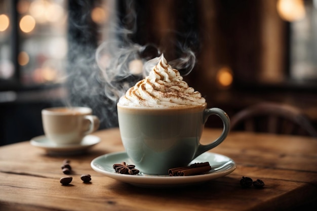 Une tasse de café à la vapeur avec des tourbillons de crème et un peu de cannelle