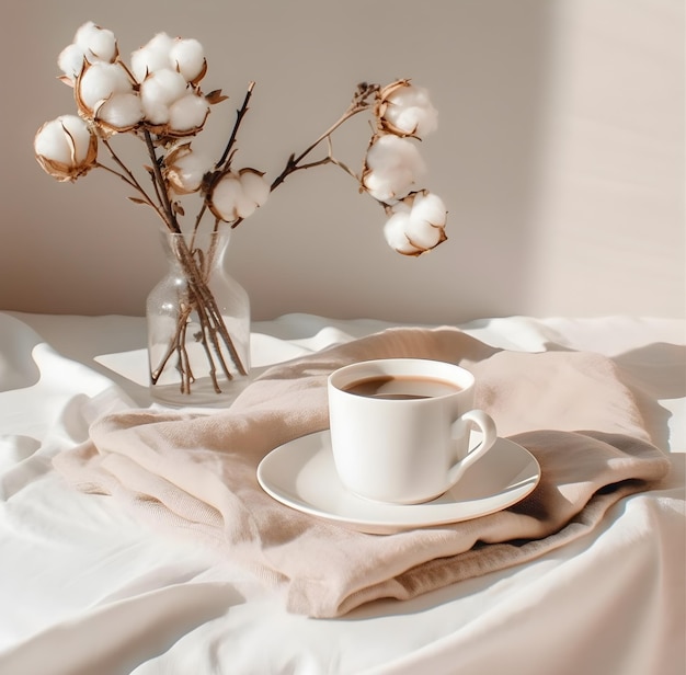 Une tasse de café et un vase de coton sur une table