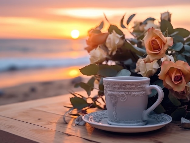 Une tasse de café et un vase de fleurs sur la table en bois devant la plage dans une atmosphère de soirée vanilla Generative AI