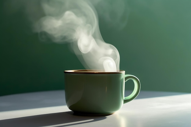 Une tasse de café vert avec de la vapeur qui s'en dégage.