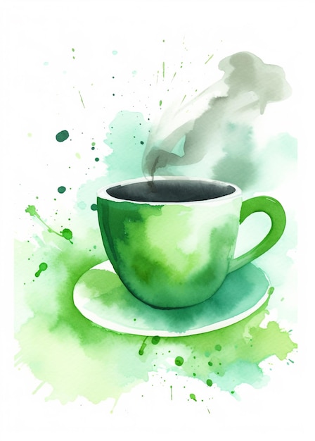 Une tasse de café verte avec de la fumée qui en sort.