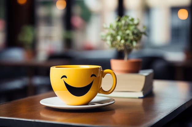 Une tasse de café avec un visage souriant sur le bureau, une humeur joyeuse