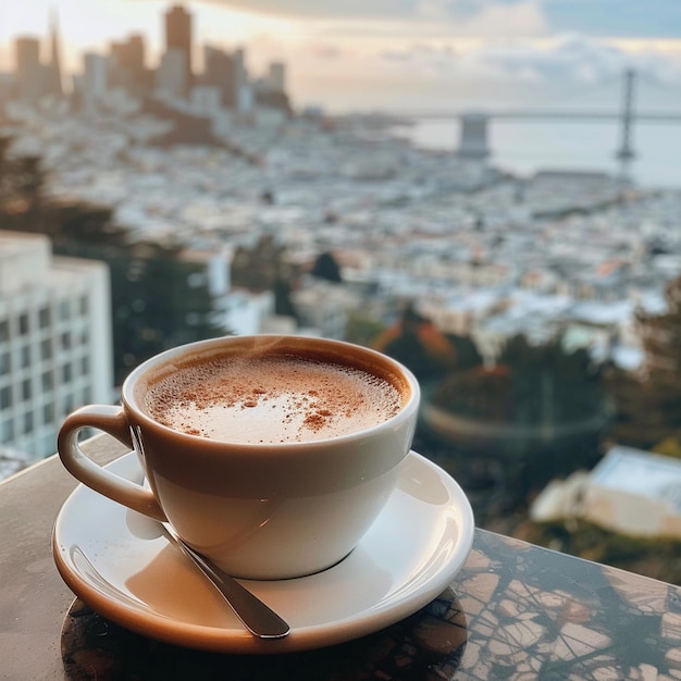 une tasse de café avec une vue sur la ville