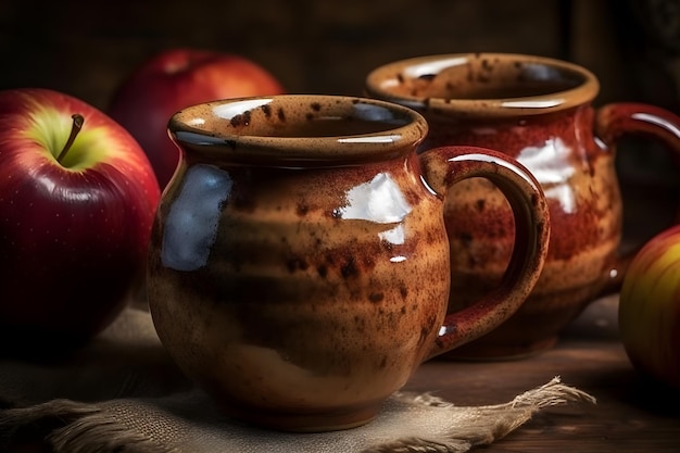 Une tasse de cannelle avec des pommes sur le côté