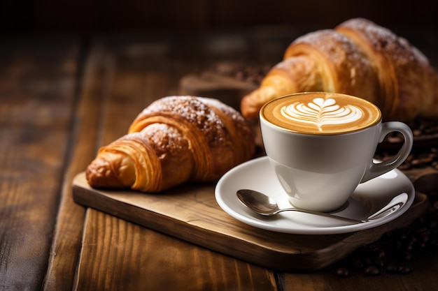 Une tasse de cappuccino chaud et un croissant