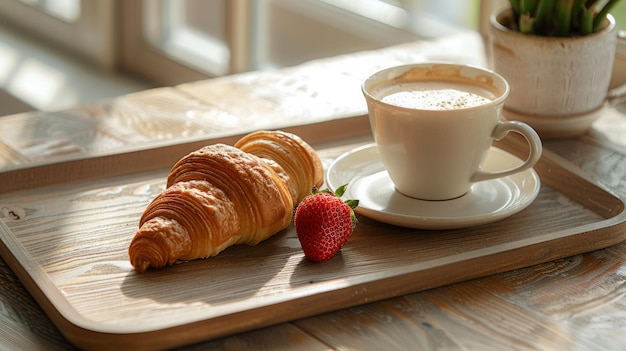 Photo une tasse de cappuccino et des croissants sur le plateau en bois.