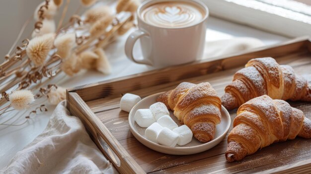 Photo une tasse de cappuccino et des croissants sur le plateau en bois.