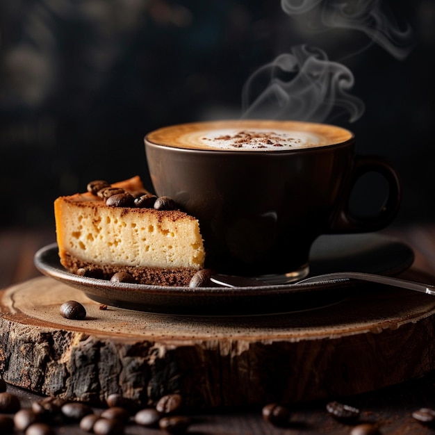 Une tasse de cappuccino et un gâteau au fromage sur la table.