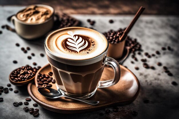 une tasse de cappuccino avec des grains de café et une cuillère