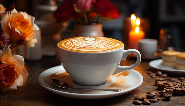 Tasse de cappuccino avec latte art sur table en bois