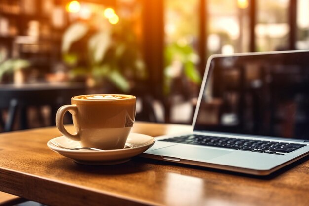 Une tasse de cappuccino et un ordinateur portable sur la table dans un café Lieu de travail dans un café IA générative