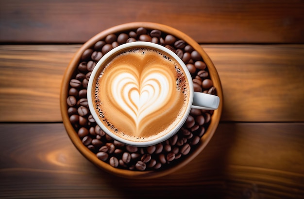 Une tasse de cappuccino parmi les grains de café