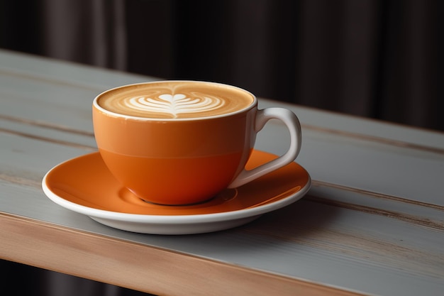 Une tasse de cappuccino sur une table en bois.