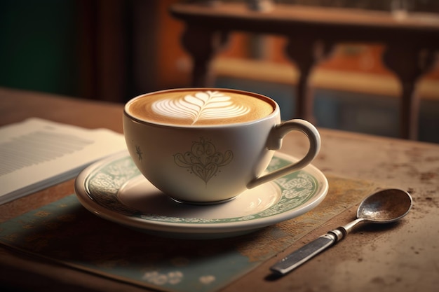 Une tasse de cappuccino sur une table en bois.