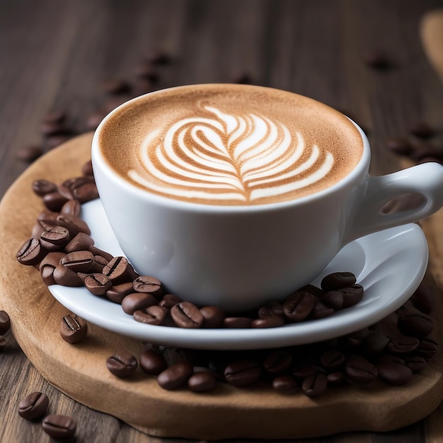 une tasse de cappuccino à la vapeur sur une table avec des grains de café