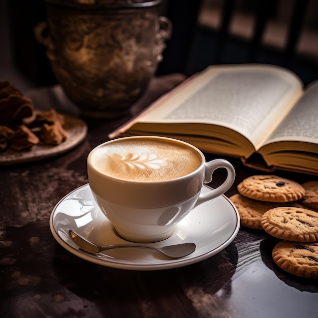 Tasse de cappuccino vue de face avec biscuits et un livre sur la table