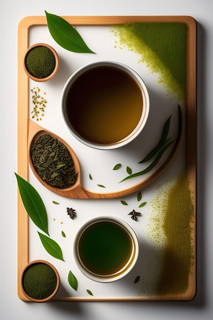 Tasse en céramique de feuilles vertes fraîches de thé infusé et d'herbes séchées dispersées sur fond blanc