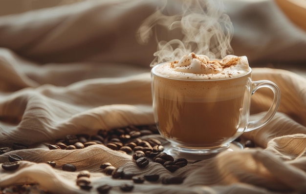 Une tasse chaude et accueillante de latte art sur une soucoupe entourée de grains de café exhalant de la vapeur sur un fond de texture douce