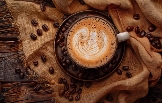 Une tasse chaude et accueillante de latte art sur une soucoupe entourée de grains de café exhalant de la vapeur sur un fond de texture douce